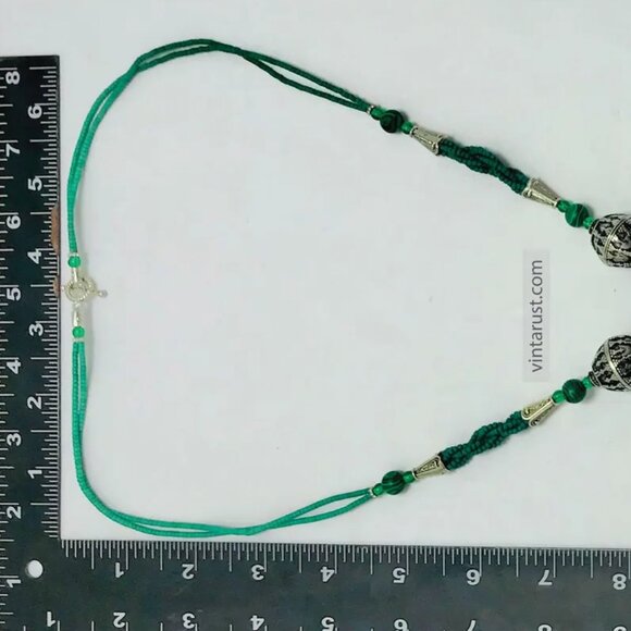 Bohemian Beaded Chain Necklace with Dangling Tassel Pendant, Green Beaded - Picture 9 of 11